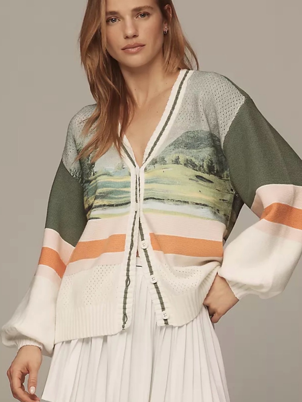 Anthropologie Scenic Knit V-Neck Cardigan in Olive, White & Peach